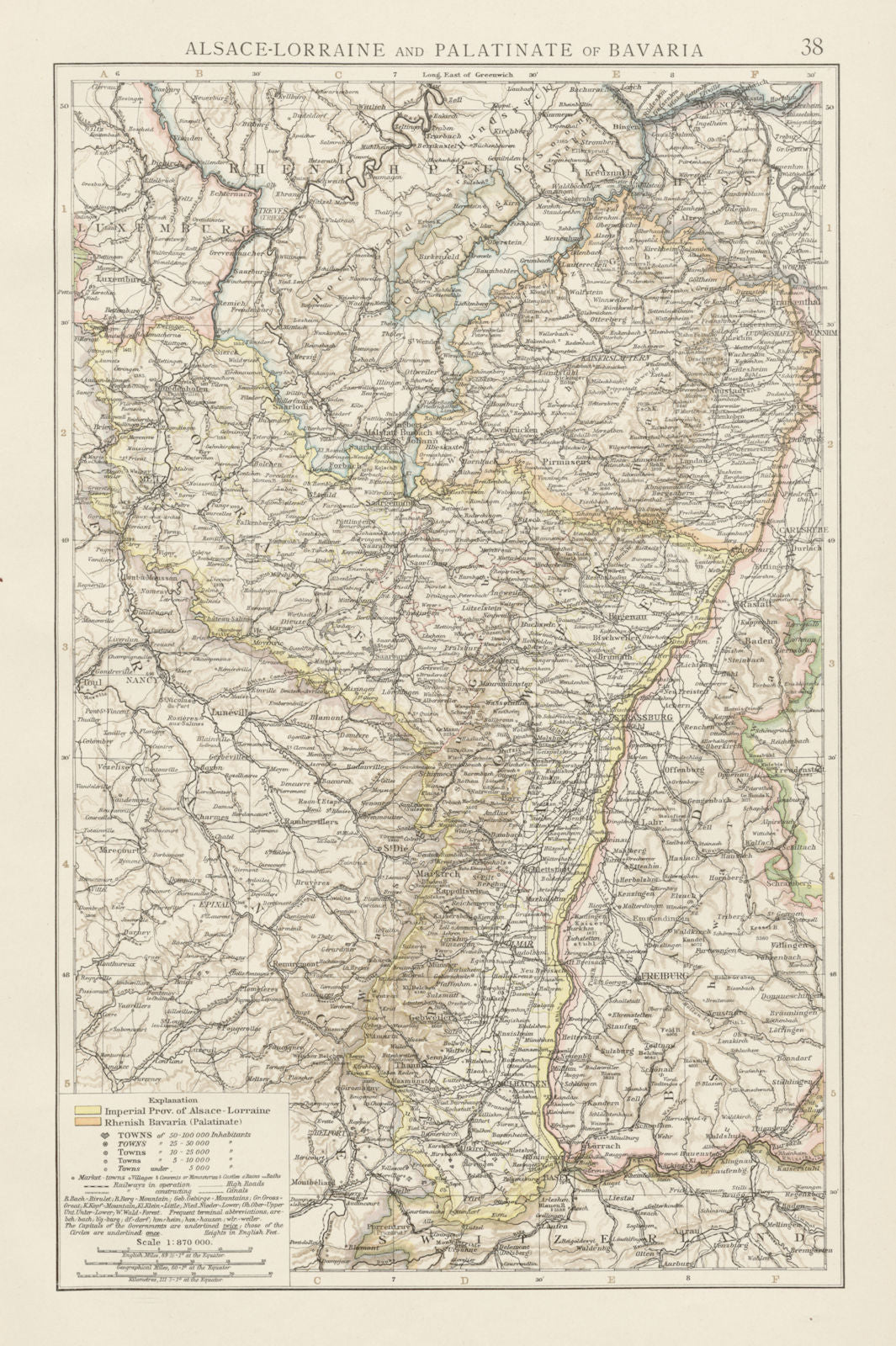 Rhine valley. Alsace-Lorraine & Palatinate of Bavaria. Rhineland. TIMES 1900 map